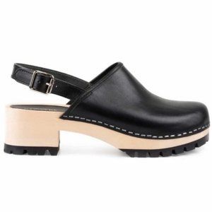 Swedish Hasbeens Jill Black Leather Clogs